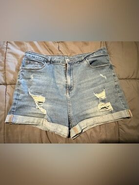 High-Rise Distressed Denim Shorts - Light Blue 1X